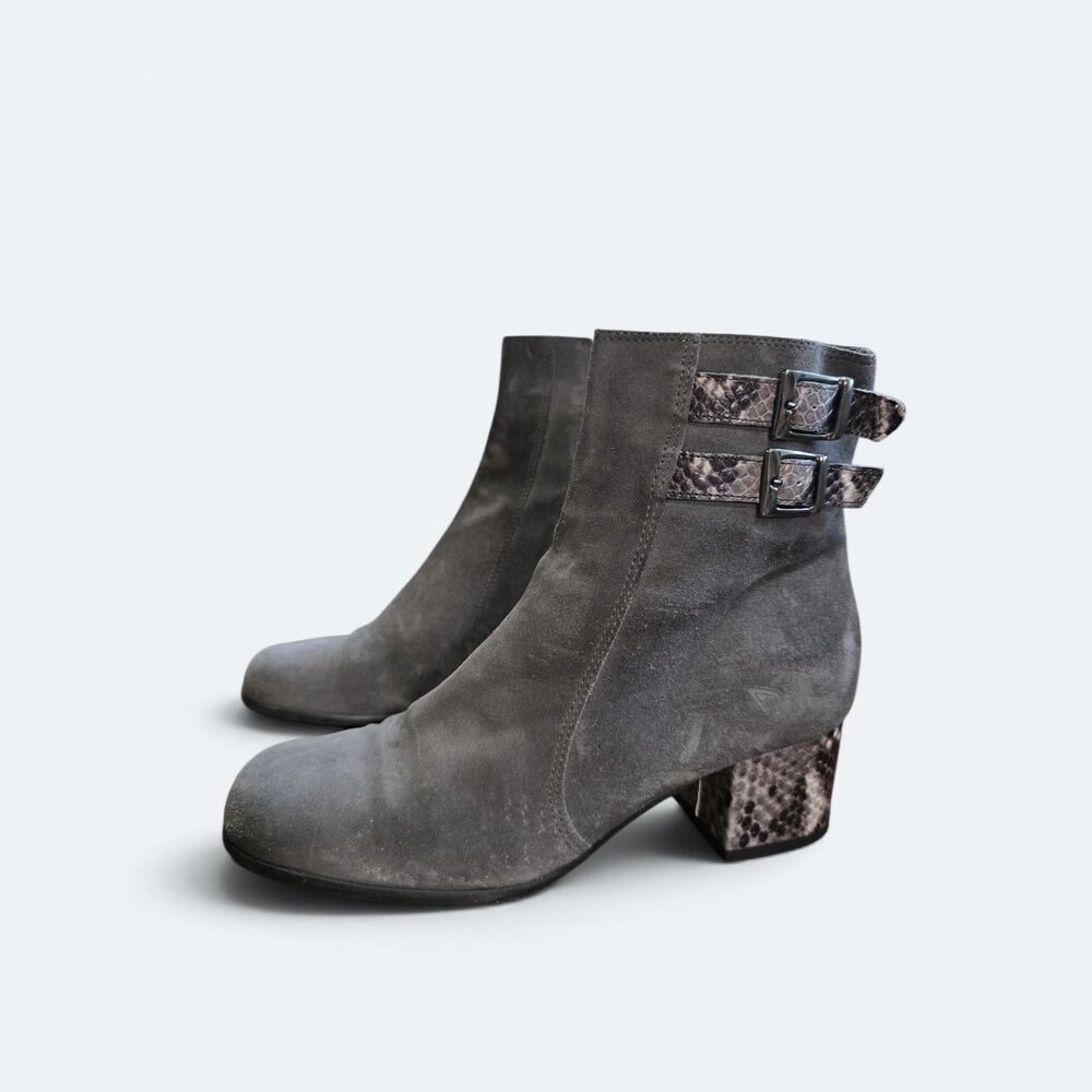Pam Project Grey Suede Ankle Boots faux Snakeskin Heel Buckle US 7.5 EU 38